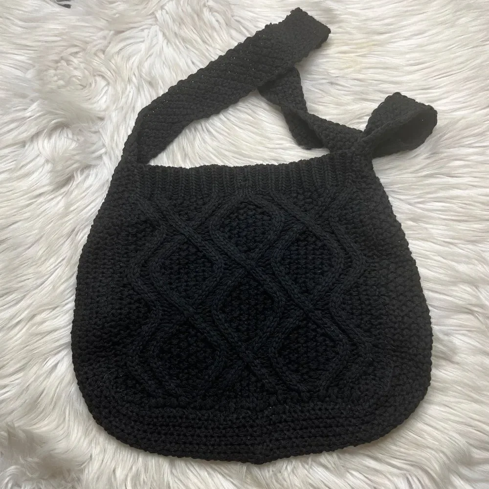 Crochet Knit Hobo Shoulder Bag Black